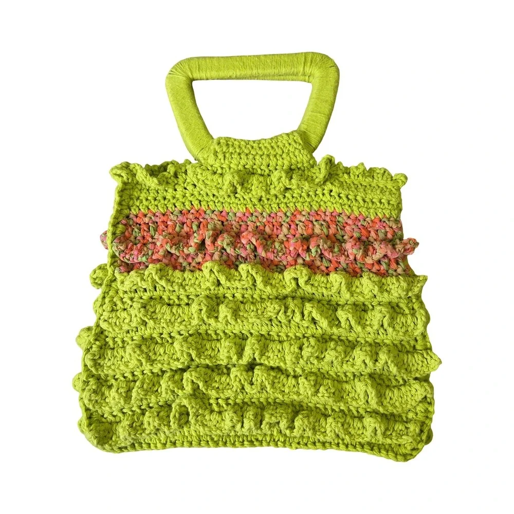 Handmade Crochet Ruffle Handbag Lime Green Pink Orange Boho Tote Bag Y2K style
